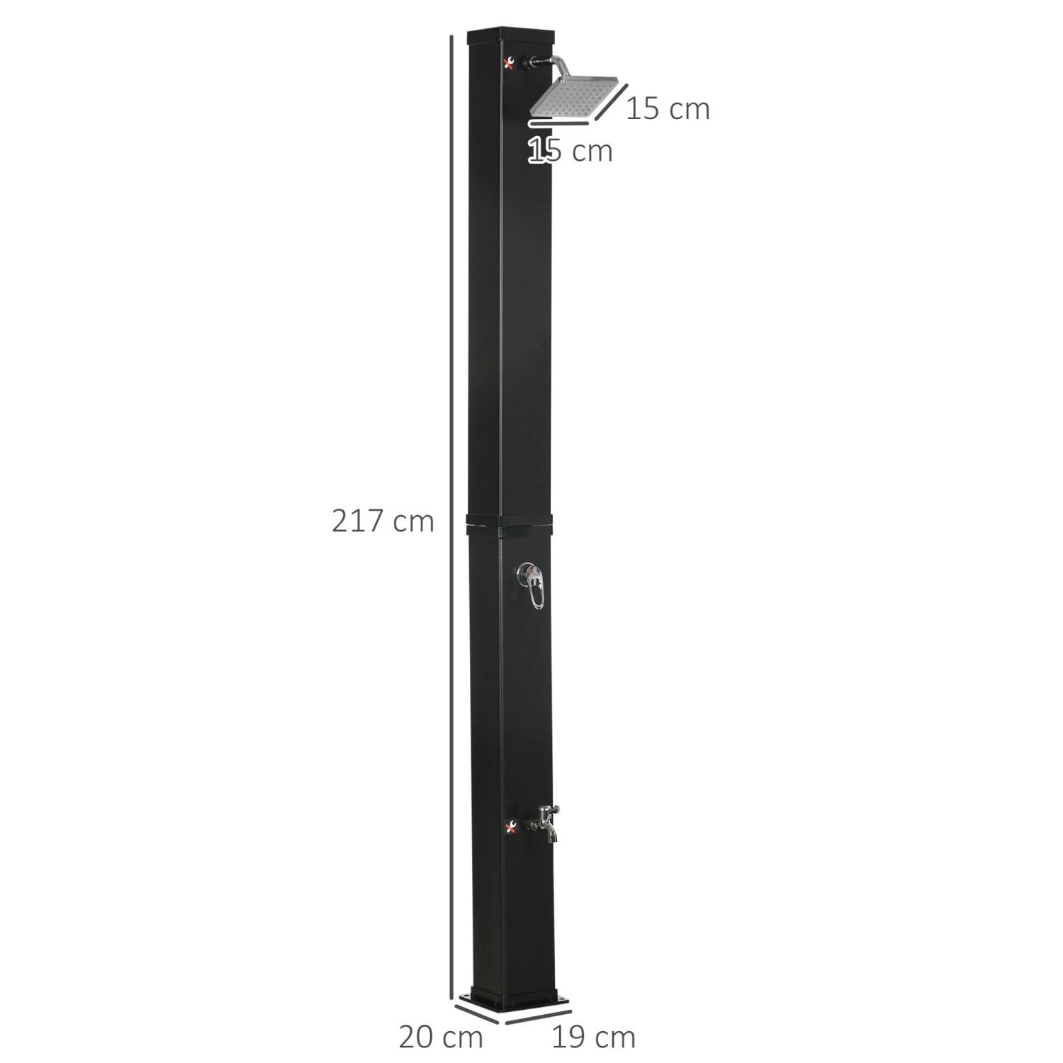 Schwarze Outsunny Solardusche aus ABS und Zinklegierung, 217 cm hoch, für den Garten.