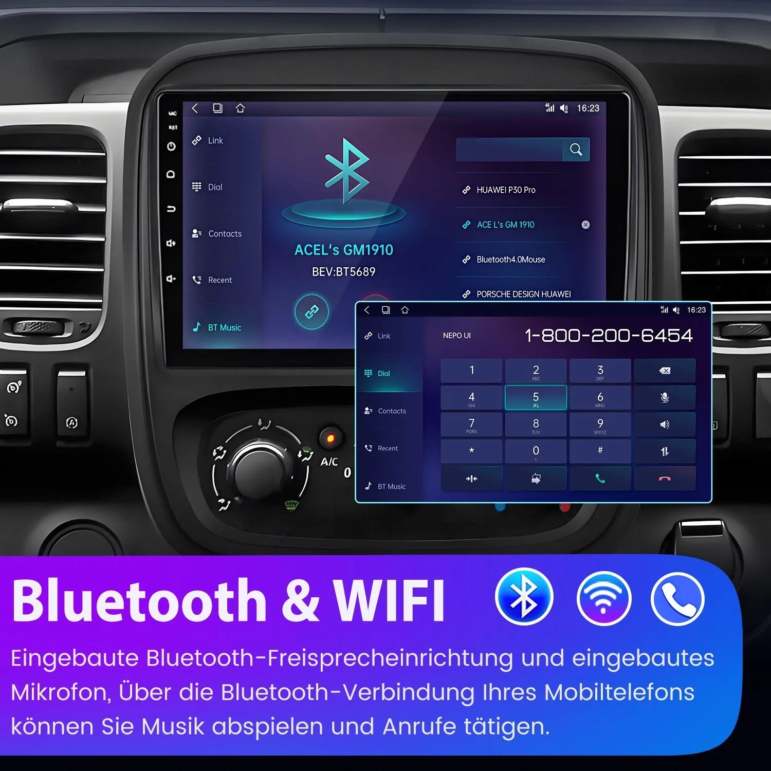 Junsun Autoradio mit 9-Zoll-Touchscreen im Fahrzeug. Zeigt Bluetooth-Verbindung und Telefon-Wählfeld. Für Renault Trafic 3/Opel Vivaro B.