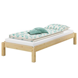 Erst-Holz Stapelbett aus Kiefer Massivholz, 80x200 cm, mit Matratze, Kissen und Bettwäsche.