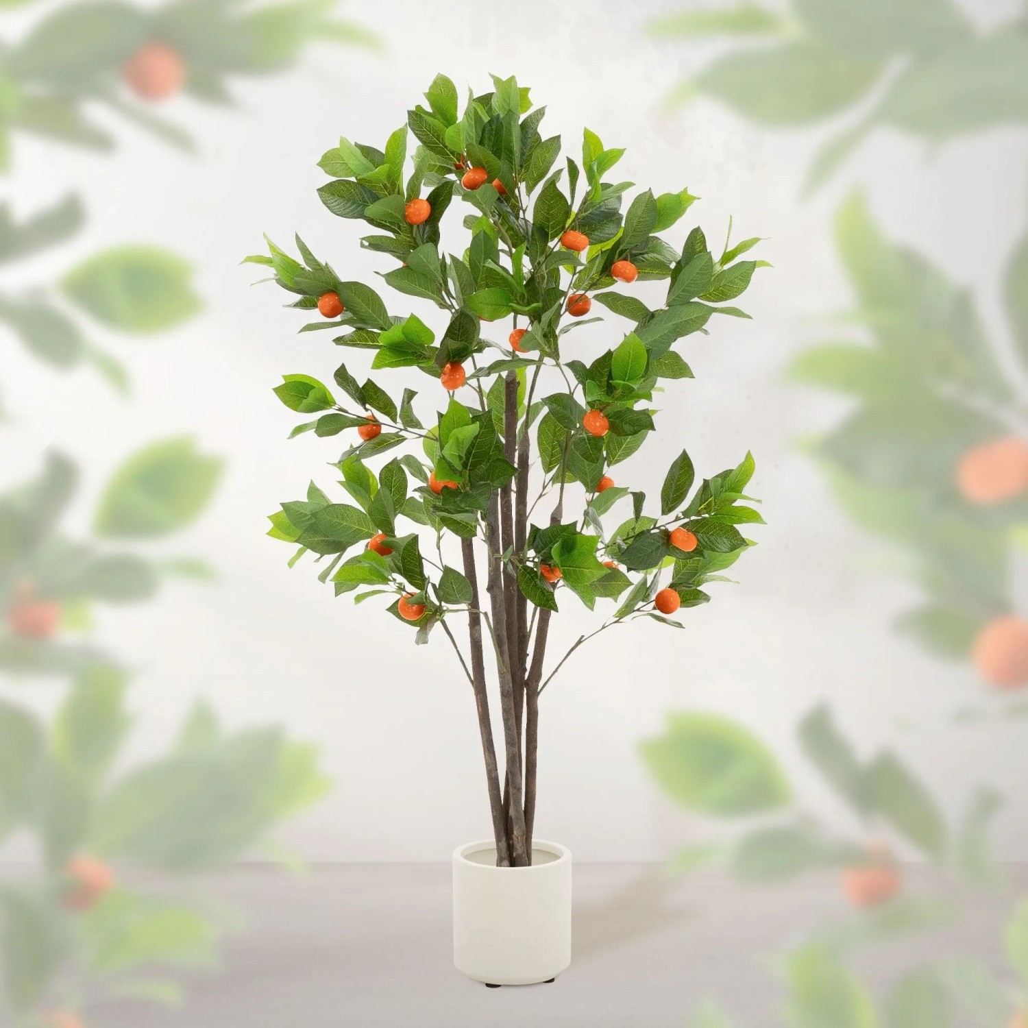 Künstlicher Orangenbaum 130 cm mit grünen Blättern und orangen Früchten im weißen Topf. Realistische Kunstpflanze für Dekoration.
