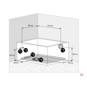 Skizze der AcquaVapore Whirlpool Badewanne W12H-C 180x135 mit Maßangaben für Installation.
