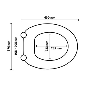 Maße des schwarzen baliv WC-Sitz Suapure Anker: Außen 37x45cm, Innen 23,3x28,2cm, Abstand 10,5-20,5cm.
