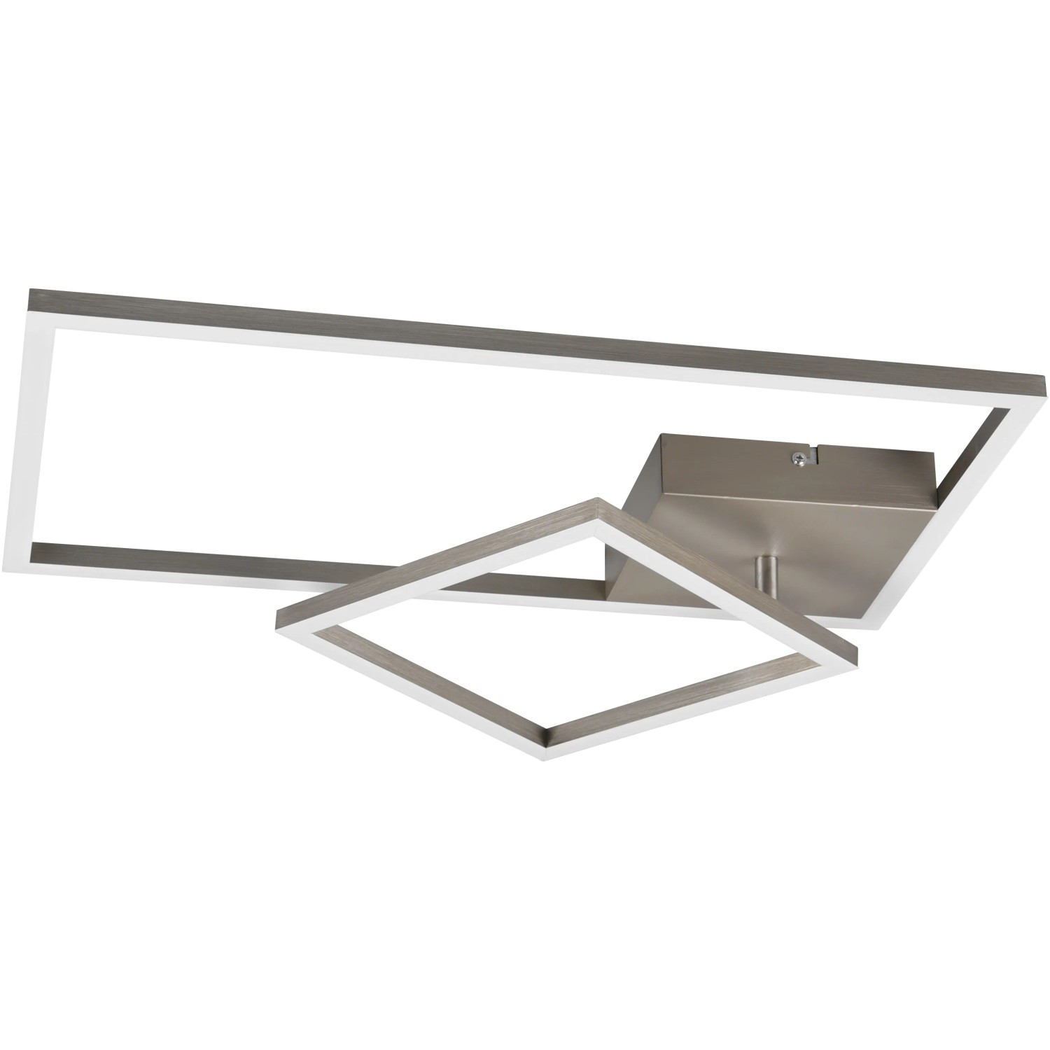 Moderne LED-Deckenleuchte Padella in Nickel matt mit eckigen Formen und warmweißem Licht.