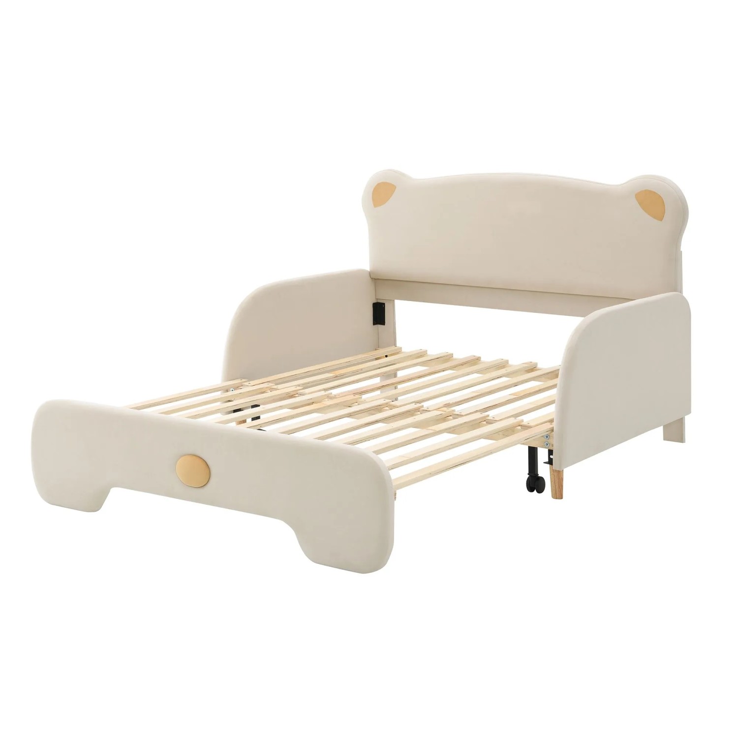 KOMHTOM Polsterbett 140x105Cm&140x200Cm Doppelbett In Bärenfürm Kinderbett Tagesbett Ausziehbett Mit Schutzkanten Holzlatten Samt Beige