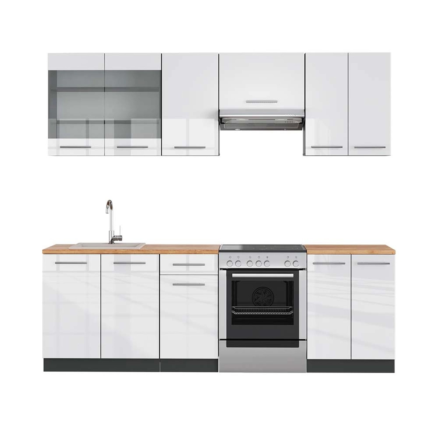Vicco Fame-Line Küchenzeile Weiß Hochglanz/Anthrazit 240 cm AP Eiche günstig online kaufen