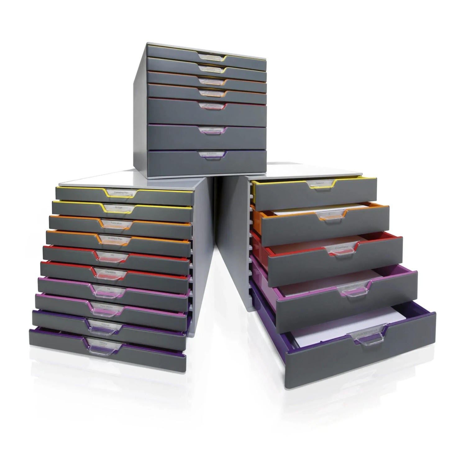 Durable Schubladenbox A4 Varicolor mit 7 Fächern in Grau und bunten Farben zur Büro-Organisation.