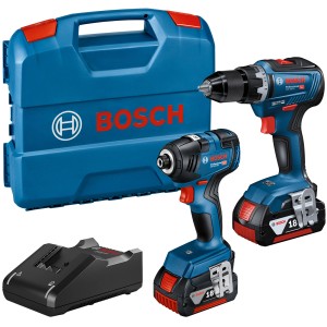 Bosch Professional Akku-Kombikit: Drehschlagschrauber, Bohrschrauber, 2 Akkus, Ladegerät und Koffer.