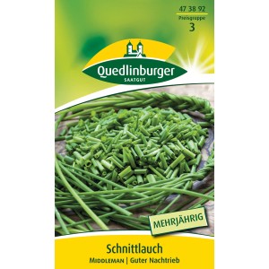 Quedlinburger Schnittlauch 'Middleman' Samenpackung mit frischem Schnittlauch.