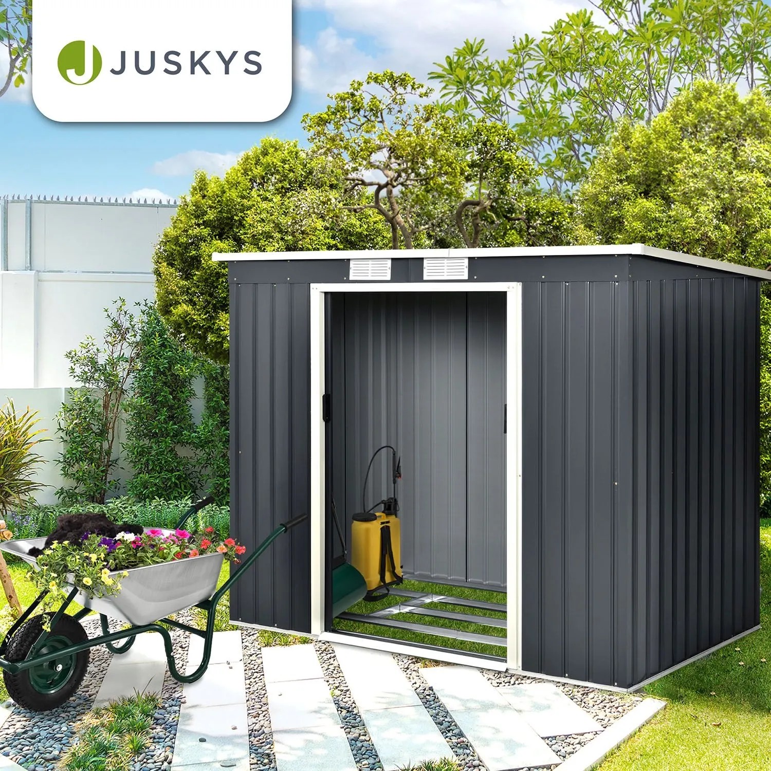Juskys Metall Gerätehaus M in Anthrazit mit Pultdach. Gartenhaus mit Schiebetür und Belüftung.