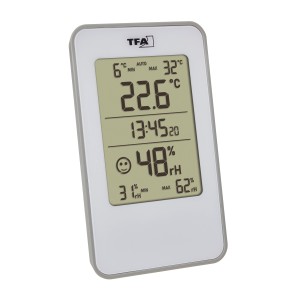 Digitales TFA Thermo-Hygrometer in Weiß zur Messung von Temperatur und Luftfeuchtigkeit.