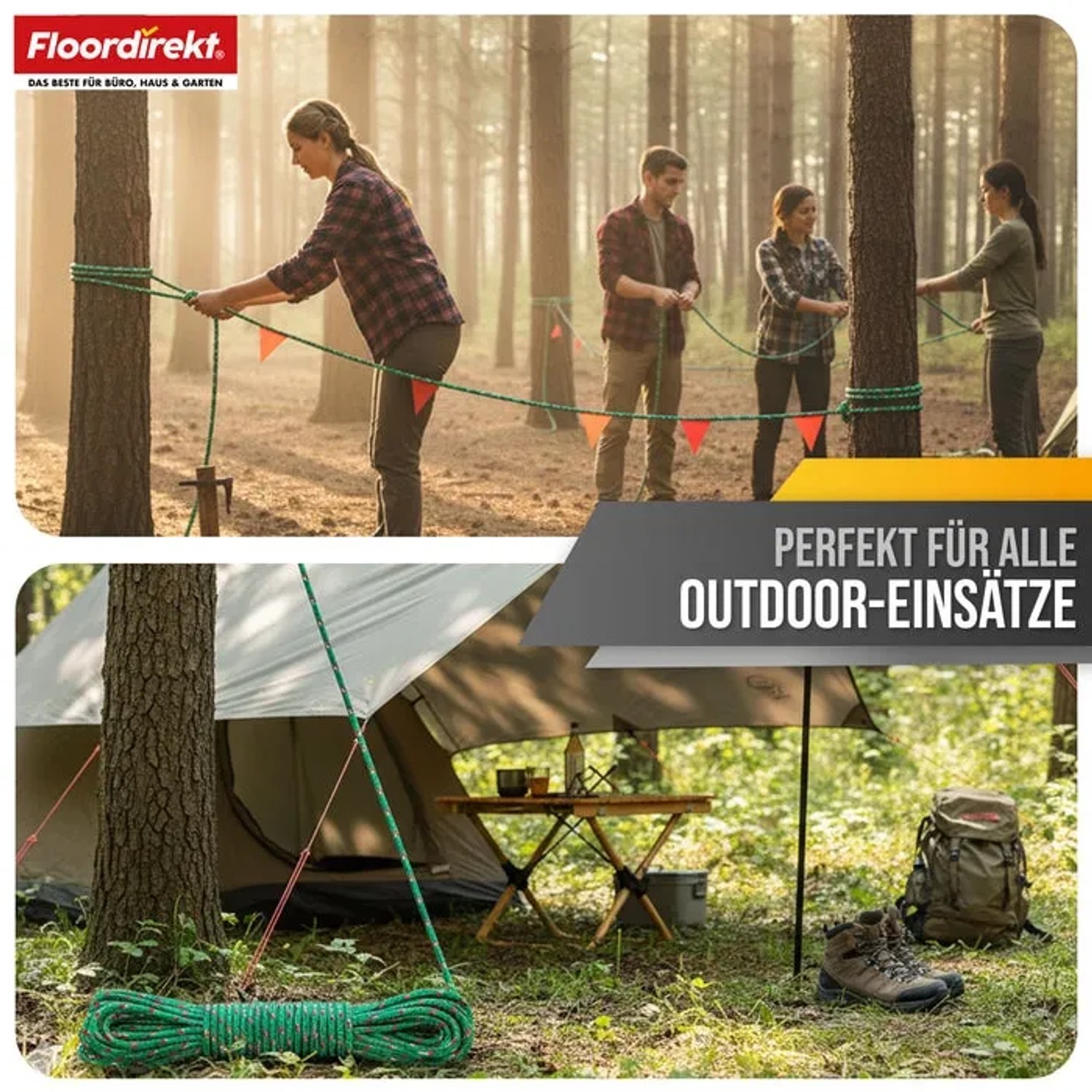 Floordirekt Polypropylen Seil, grün-rot, Ø 22mm, 100m Länge, im Einsatz beim Camping.