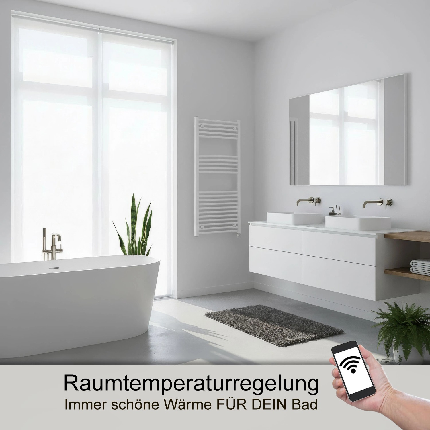 Modernes Badezimmer mit weißem Badheizkörper und Heizpatrone mit App-Steuerung.