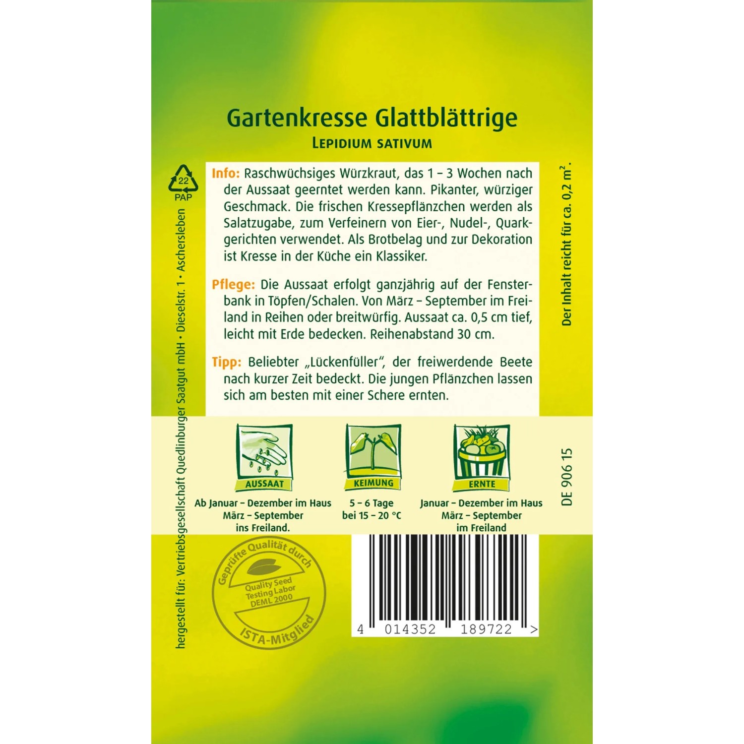 Samenpackung Quedlinburger Gartenkresse glattblättrige, würzig und aromatisch.
