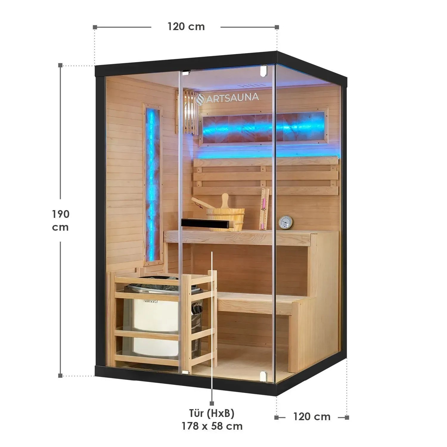 Artsauna Vantaa Sauna 120x120cm mit 3,5 kW Ofen, Holzsauna mit Glasfront und Ambientebeleuchtung.