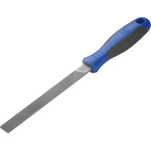 LUX-TOOLS Werkstattfeile flachstumpf 150 mm mit blau-schwarzem Comfort-Griff für Metallbearbeitung.