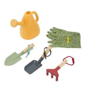 Galaflor Kinder Gartenset mit Tasche: Gießkanne, Handschuhe, Harke und Schaufeln.