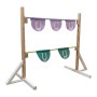 Hobby Horse Hindernis aus Holz, höhenverstellbar, mit violetten und türkisen Stangen und Hufeisen-Fahnen.