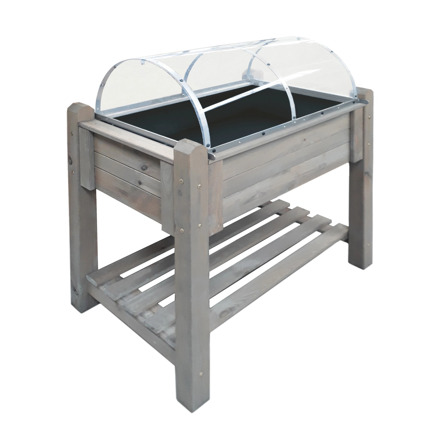 Wilk Hochbeet Abdeckung Basic 76x59x28cm, transparente Kunststoffhaube auf grauem Holz-Hochbeet.
