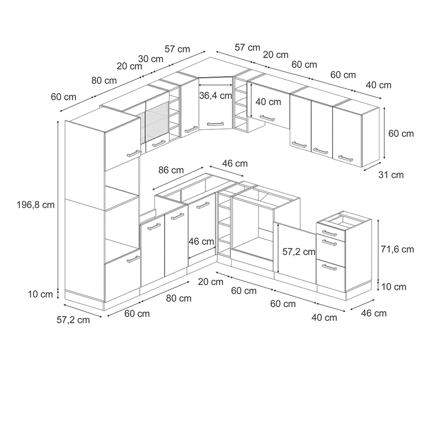 Skizze der Vicco R-Line Einbauküche in Schwarz Hochglanz/Goldkraft Eiche mit Maßangaben.