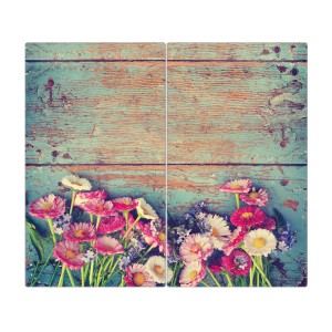 Banjado 2-teilige Herdabdeckplatte aus Glas mit Blumenmotiv, je 30x52cm. Auch als Schneidebrett nutzbar.