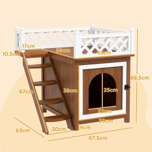 PawHut Katzenhaus aus Tannenholz mit Balkon, braun, 67,5x63x68,5cm. Zweistöckiges Design mit Treppe.
