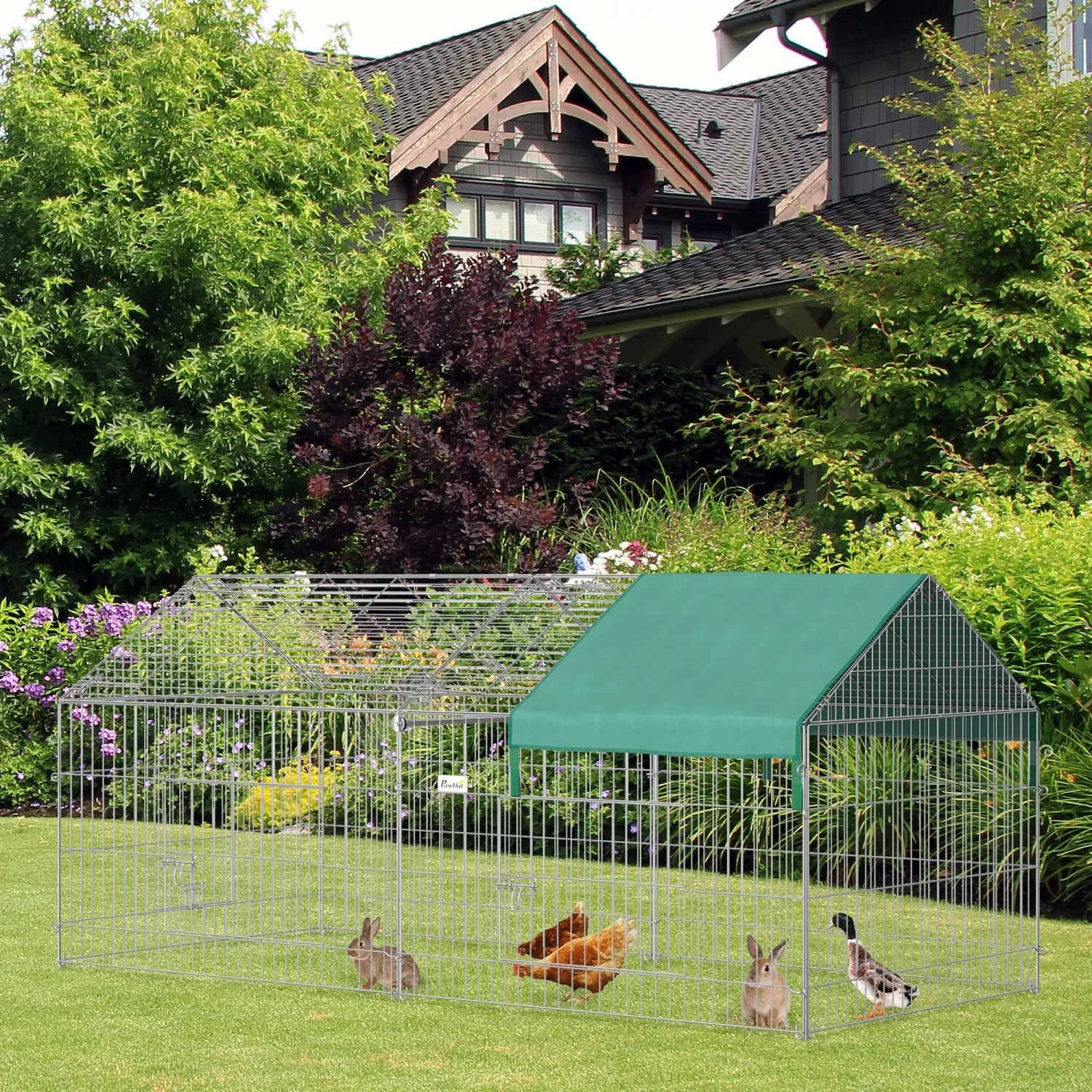 PawHut Freilaufgehege mit Abdeckung, 220x103x103 cm, mit Kaninchen, Hühner und Ente im Garten.