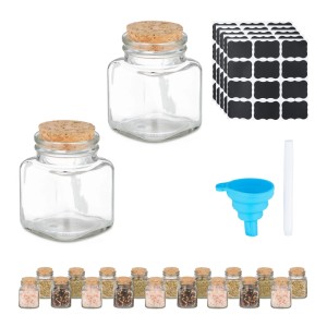 20er Set transparente Gewürzgläser aus Glas mit Korkdeckeln, Etiketten, Trichter und Stift für die Küche.