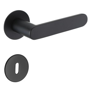 Schwarze, matte Drückergarnitur Georgetown mit Flachrosette für Innentüren.