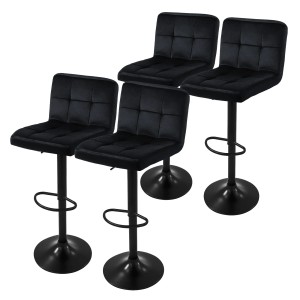 4er Set Barhocker Schwarz Samt mit Rückenlehne und Fußstütze.
