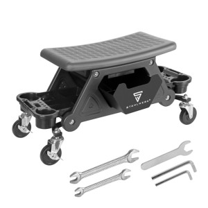 Schwarzer STAHLWERK Werkstatthocker WRS 185 mit Rollen, Schublade, Ablagefächern und Montagewerkzeug.