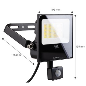Schwarzer LED's Work Außenstrahler mit Sensor, 50W, 8000lm, 4000K, IP65. Ideal für Hof, Parkplatz oder als Sicherheitslicht.