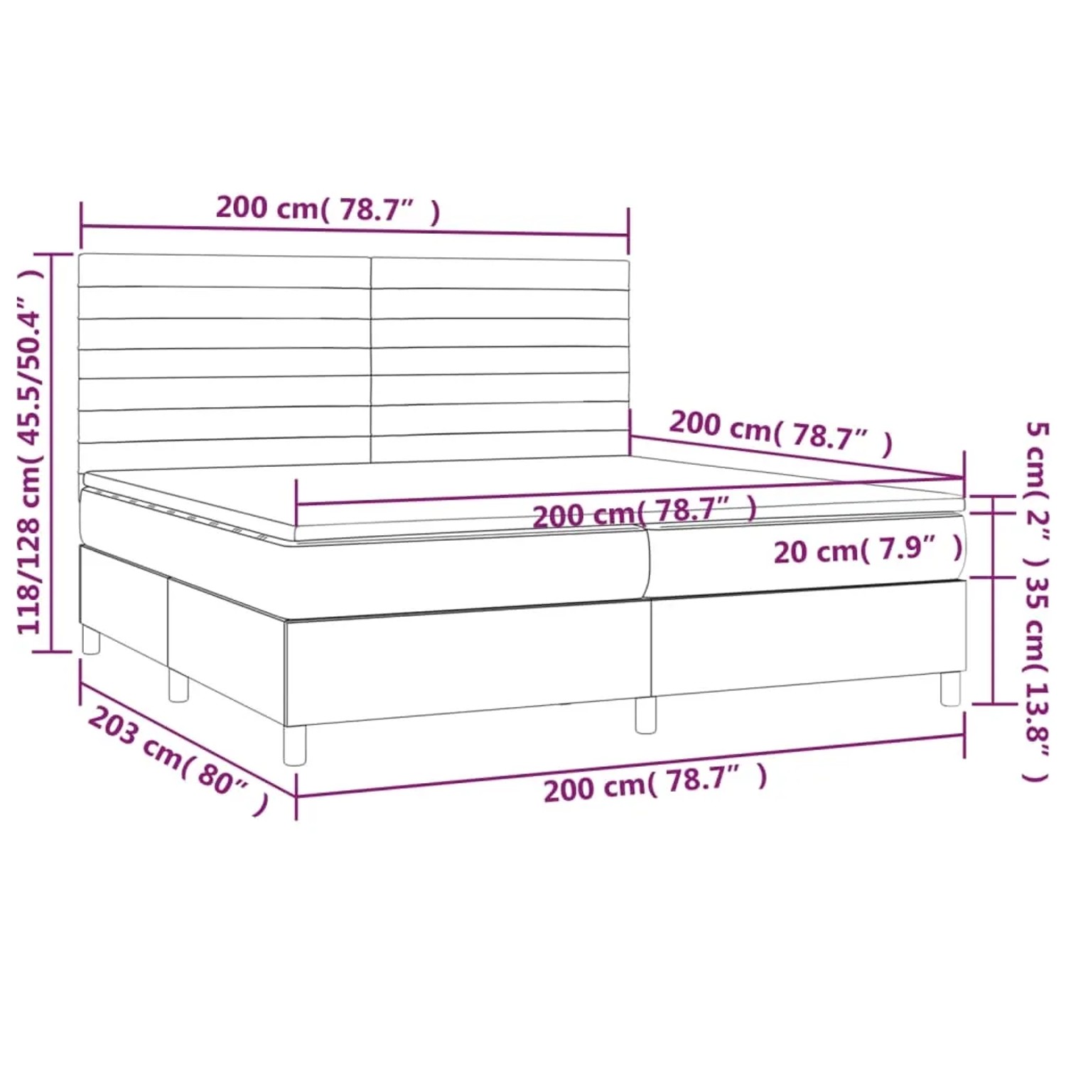 vidaXL Boxspringbett mit Matratze, schwarz, 200x200 cm, Samtbett mit Kopfteil, Größenangaben.