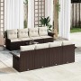 Braunes 9-teiliges vidaXL Garten-Sofa-Set aus Poly Rattan mit Tisch und beigen Kissen.