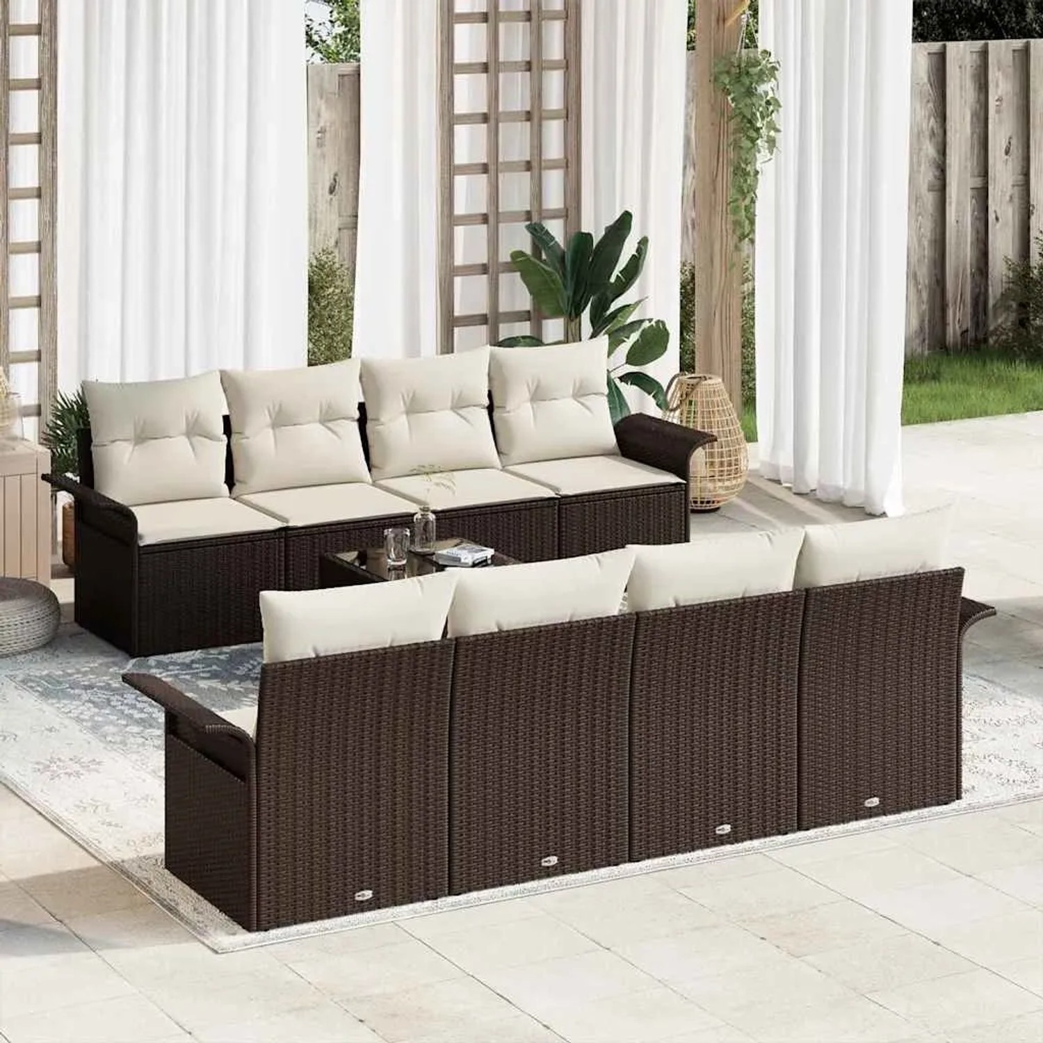 Braunes 9-teiliges vidaXL Garten-Sofa-Set aus Poly Rattan mit Tisch und beigen Kissen.