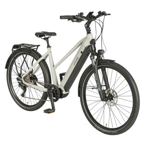 Graues Prophete Trekking E-Bike Entdecker 5.0 Damen mit Mittelmotor und Gepäckträger.
