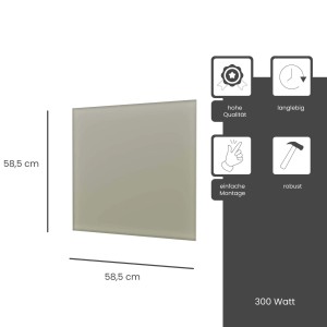 Fenix Infrarotheizung ECOSUN Glasheizung, 300W, Basalt, quadratisch, mit Maßangaben.