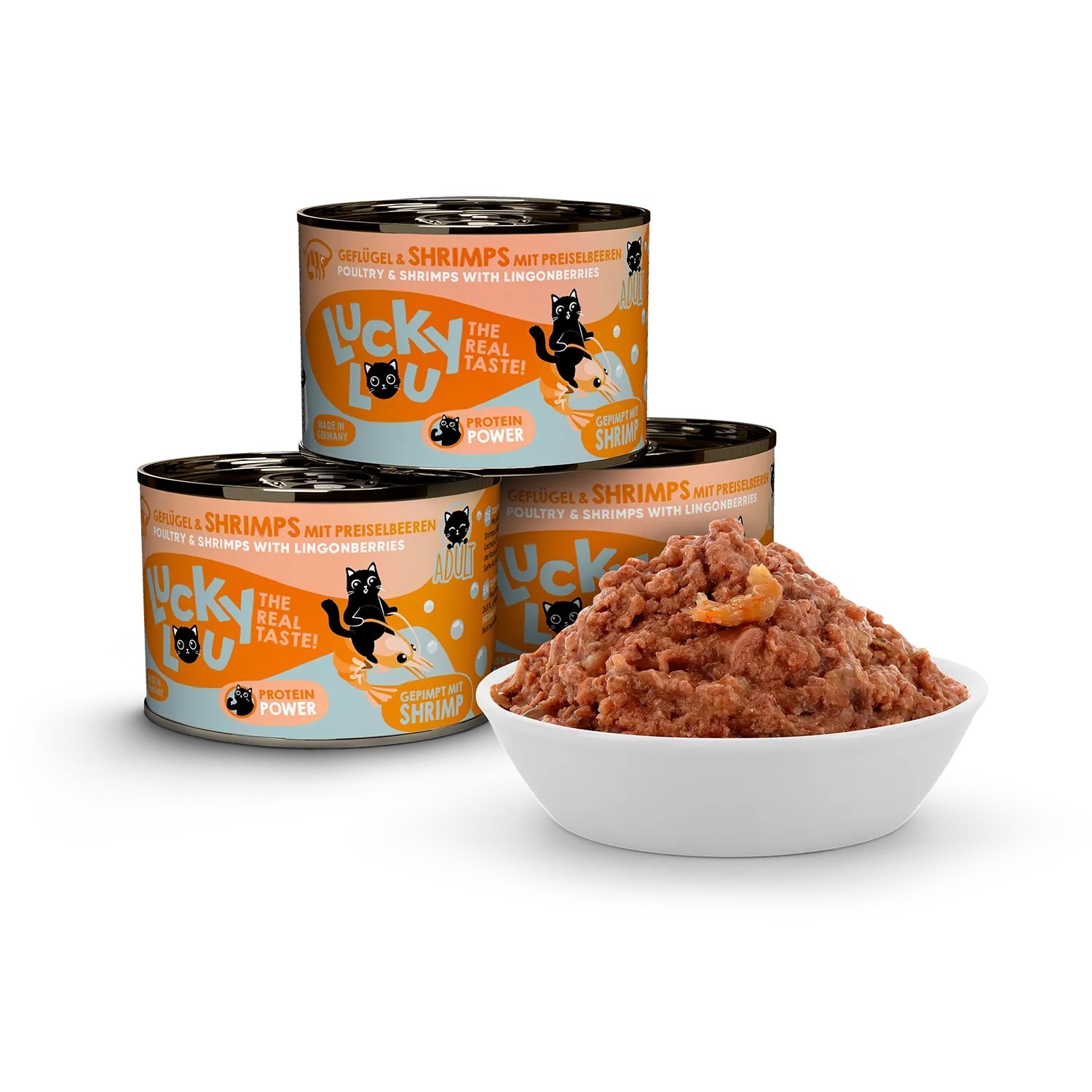 Lucky Lou Katzen-Nassfutter Adult Geflügel & Shrimps, 200g Dose. Katzenfutter mit Geflügel und Shrimps.