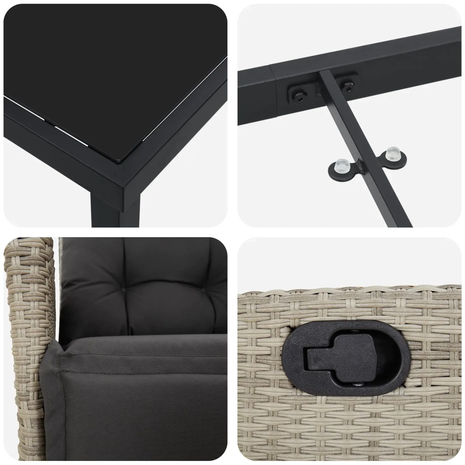 Detailansichten der vidaXL Garten Essgruppe, hellgraues Poly Rattan, Tischplatte, Stuhlauflage und Verstellmechanismus.