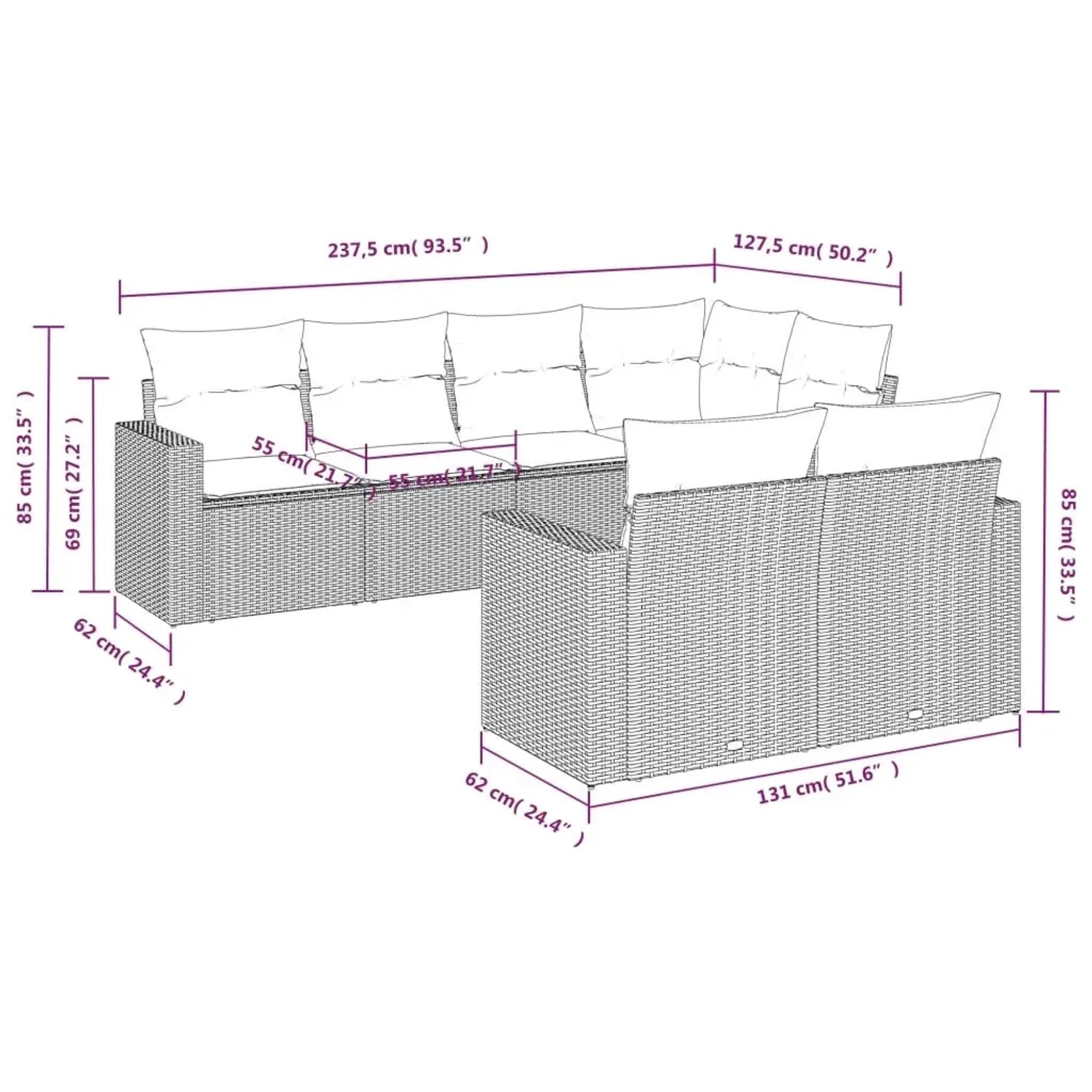 vidaXL 7-tlg. Garten-Sofagarnitur braun, Poly Rattan, mit Maßen. Ideal für Terrasse und Garten.