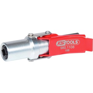 Rote KS TOOLS Quick Lock Schnellkupplung für Fettpressen, silberne Metallteile, hochdruckfest für Wartungsarbeiten.