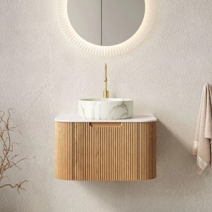 PXloue Badmöbel Waschtisch mit Unterschrank 61 cm  Glas Waschbecken Rund  Weiß Holzoptik Vormontiert