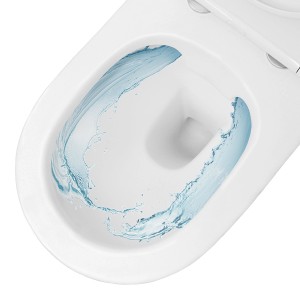 Spülrandloses Hänge-WC, kurz, weiß, mit Wasser im Becken. Ideal für moderne Bäder.