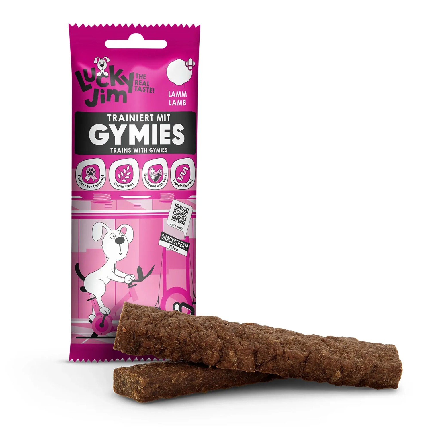 Lucky Jim Gymies Hunde-Belohnungssnacks mit Lamm, getreidefrei und ohne Zuckerzusatz.