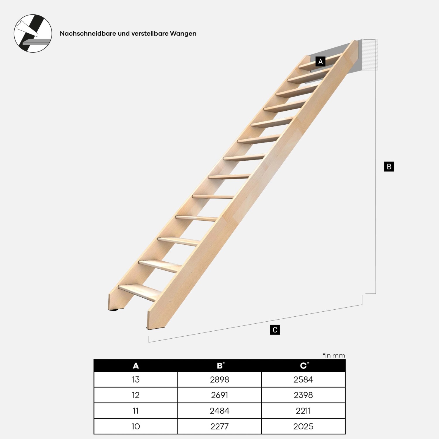 Kordo Buche Treppe Nostra, gerade, mit 13 Stufen und verstellbaren Wangen. Ideal für den Innenbereich.