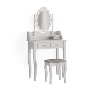 Weißer Vicco Schminktisch Maggie mit LED-Beleuchtung, Spiegel und Hocker.