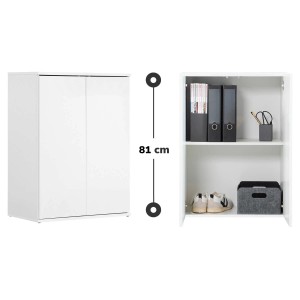 Weißer mokebo Midischrank, ein kompakter Büroschrank mit zwei Türen und Innenfächern.