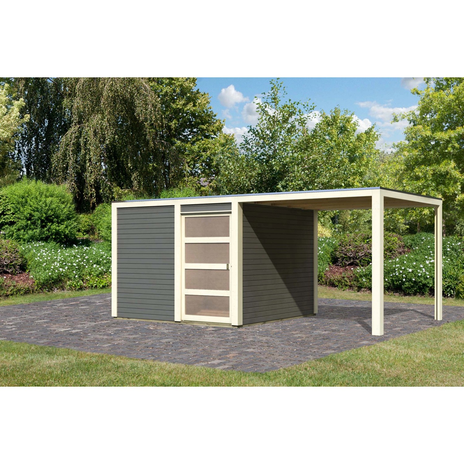 Karibu Holz-Gartenhaus Cuadrado Terragrau Flachdach Lackiert 272 cm x 272 c günstig online kaufen