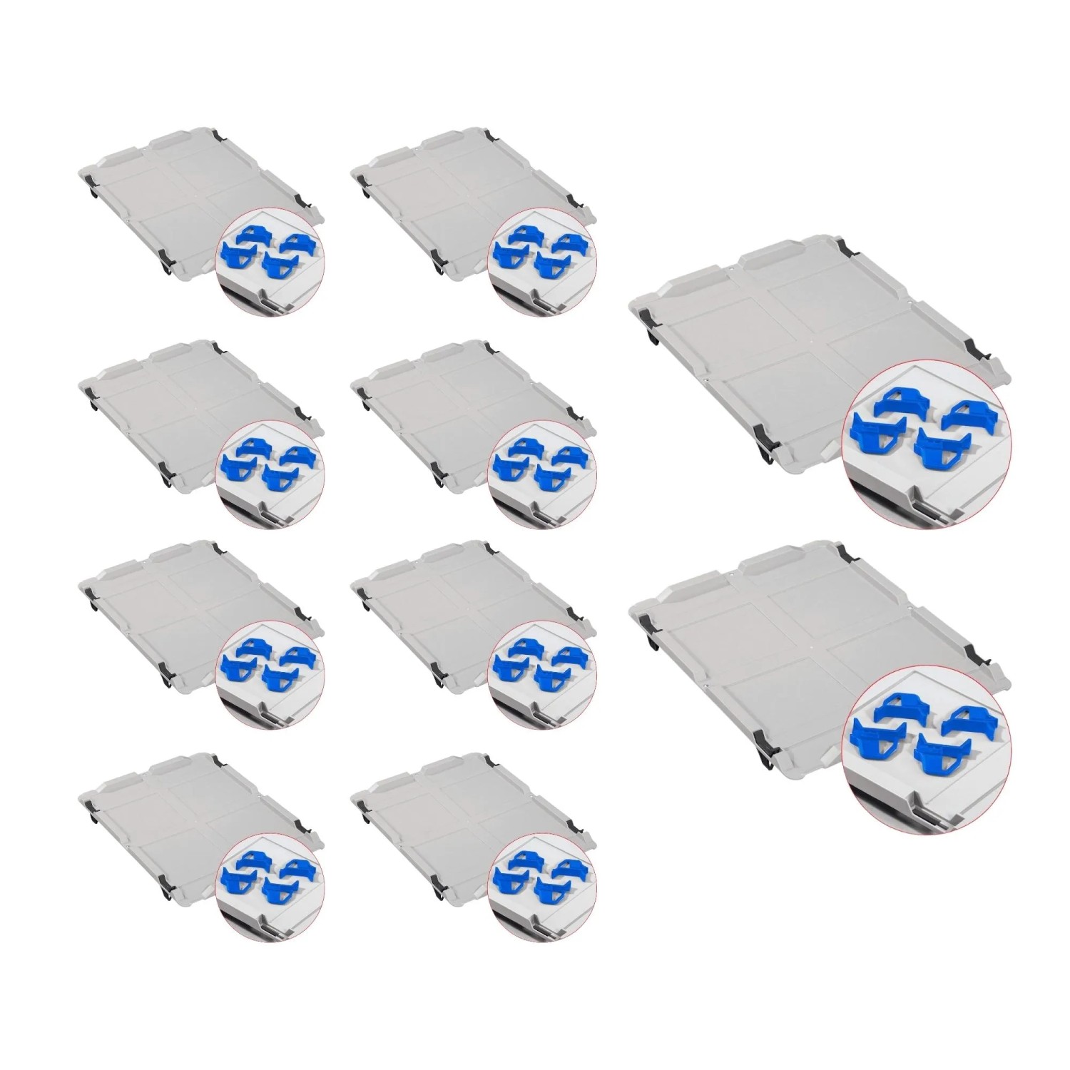 PROREGAL Spar Set: 10 graue Euroboxen mit Deckel und blauen Schiebeschnappverschlüssen.