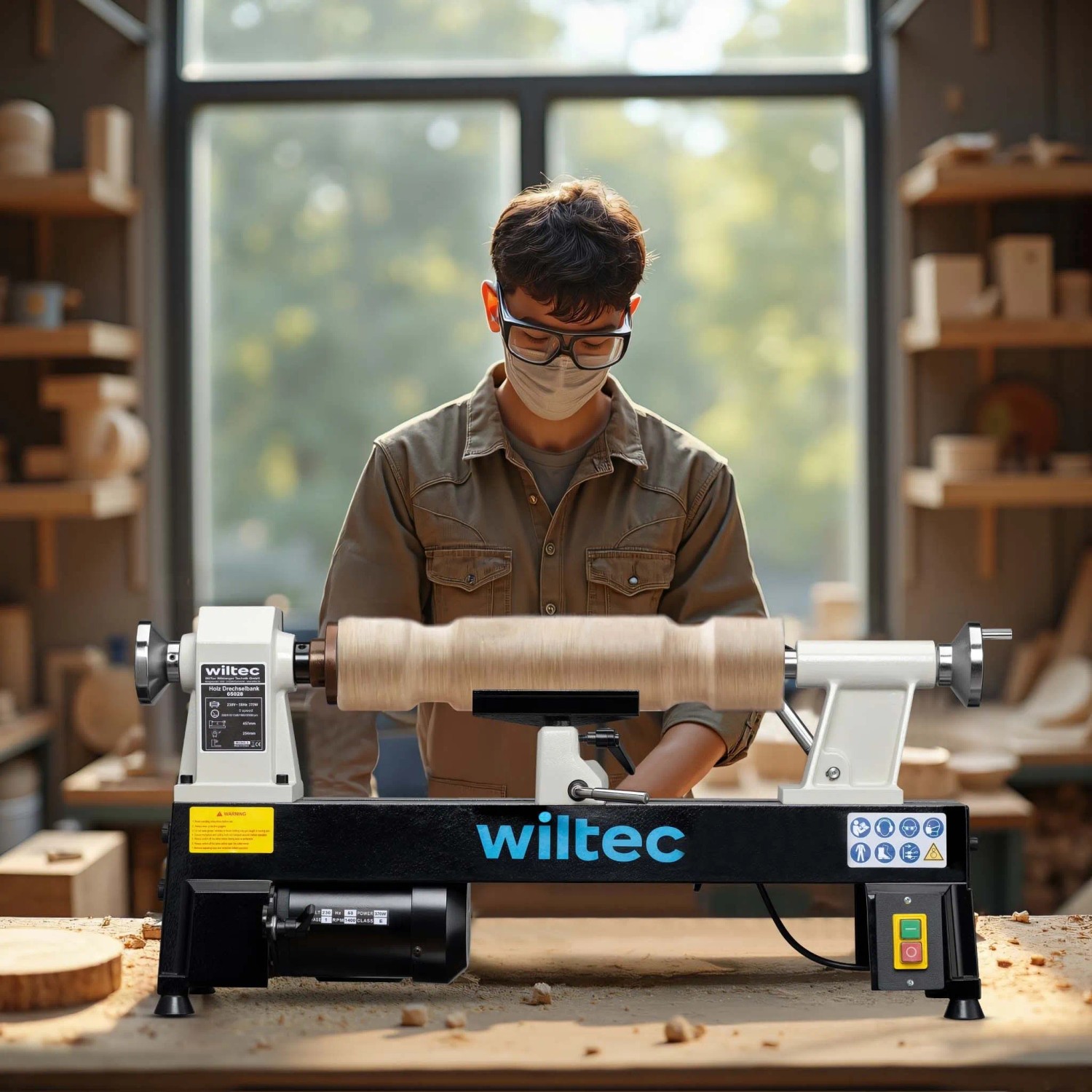 Mann drechselt Holz an einer Wiltec Drechselbank in einer Werkstatt. Präzise Holzbearbeitung mit Drechselmaschine.