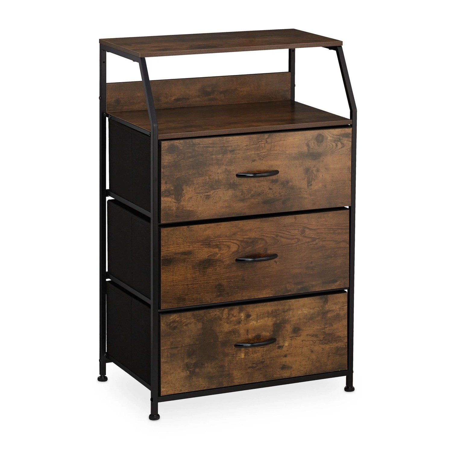 Relaxdays Regalkommode Stahl MDF Vliesstoff Schwarz Dunkelbraun Mit 3 Schubladen 2 Ablagen Höhenverstellbar 96,5 cm x 61 cm x 42 cm 11,9 kg